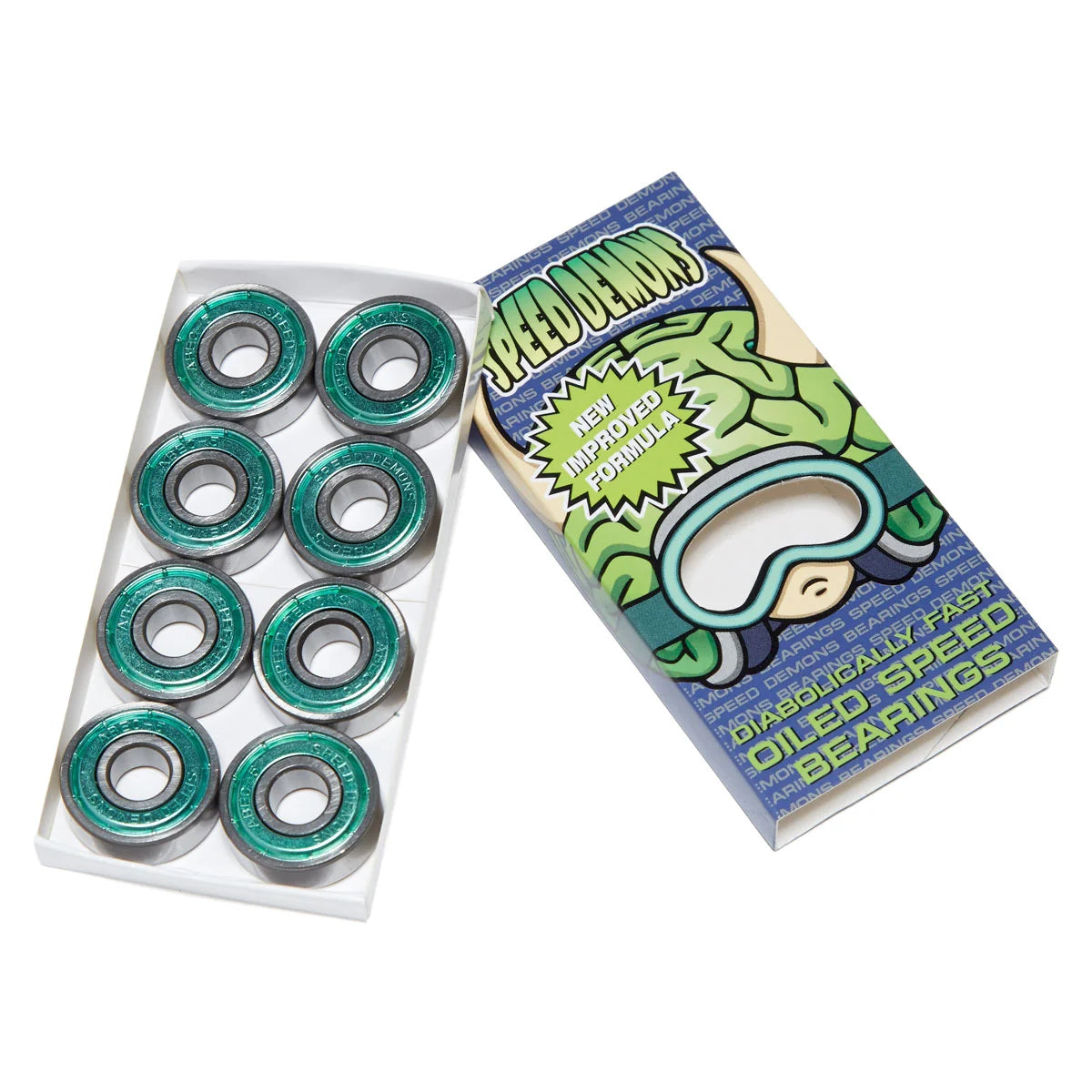 Pack of skateboard bearings with a branded box on a white background