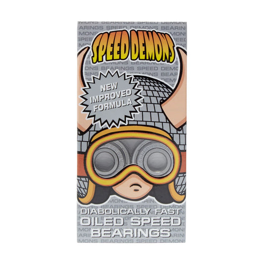 Speed Demon Bearings packaging with cartoon character and text on a white background