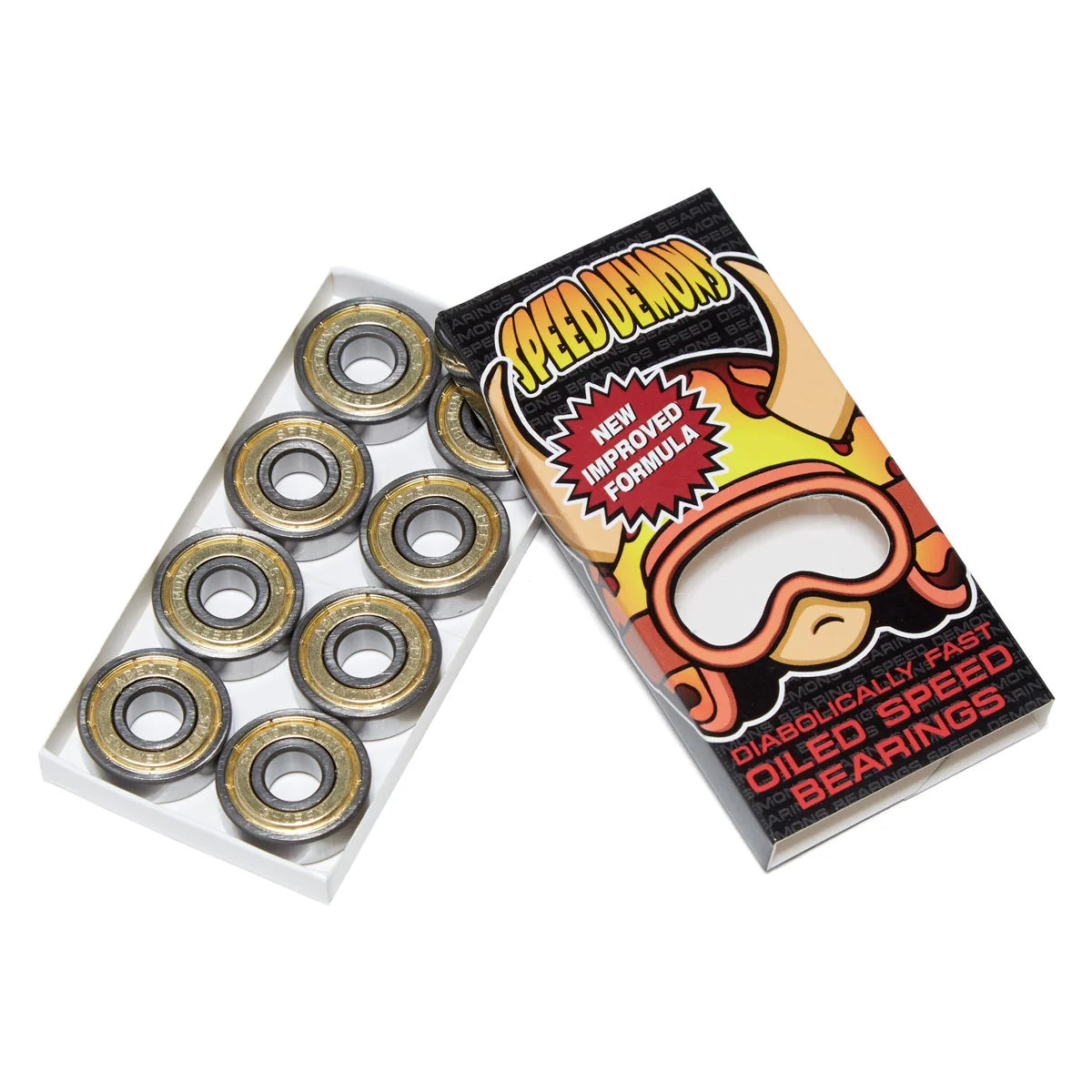 Speed demon skateboard bearings with packaging on a white background