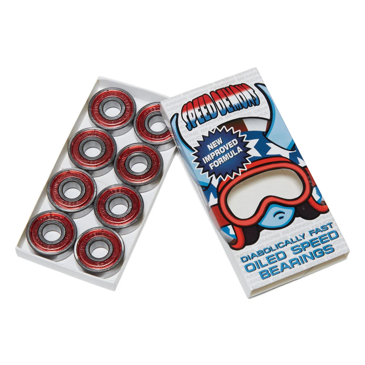 Box of Diabolically Fast Oiled Speed Bearings with red and silver bearings on a white background