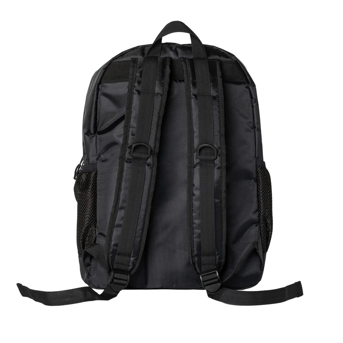 Black backpack shown from the back, featuring padded shoulder straps, side mesh pockets, and a top carry handle on a plain white background.