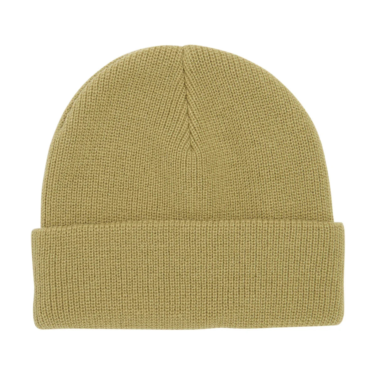 A single knit beanie hat in a muted olive yellow-green color, shown flat against a solid white background.