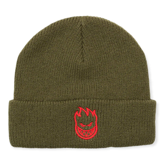 Green beanie with a red logo on a white background