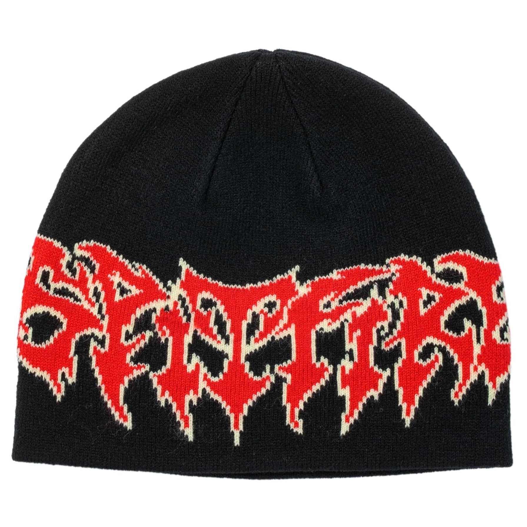Black beanie with red and white text on a white background