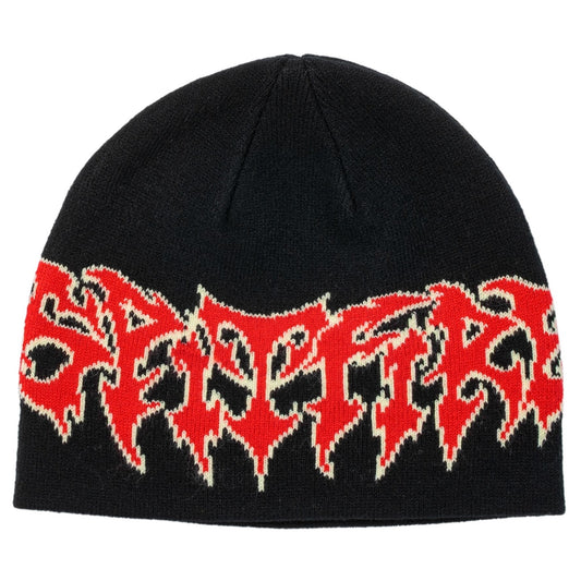 Black beanie with red and white text on a white background