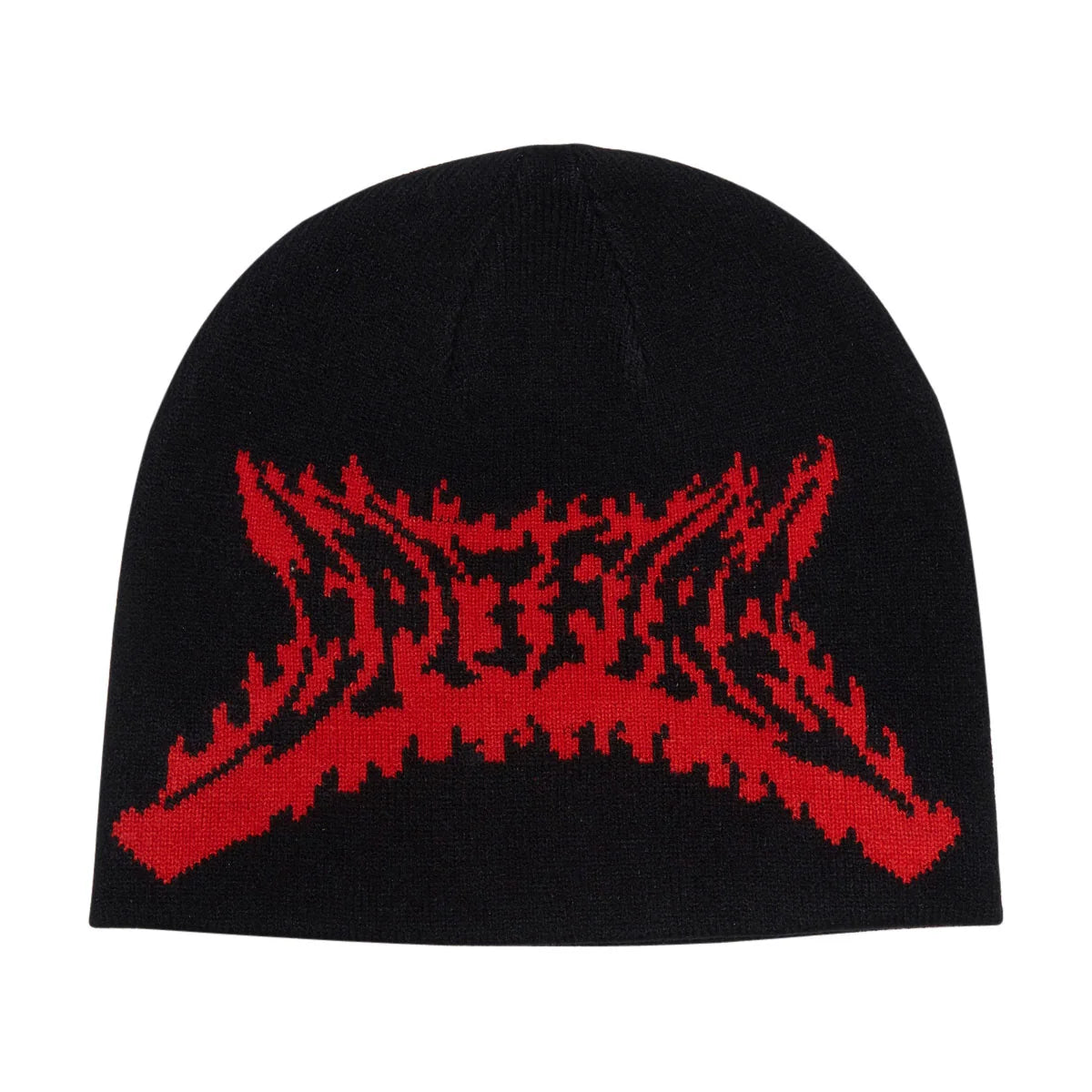 A black knit beanie featuring a large red stylized logo graphic across the front, photographed against a solid white background.