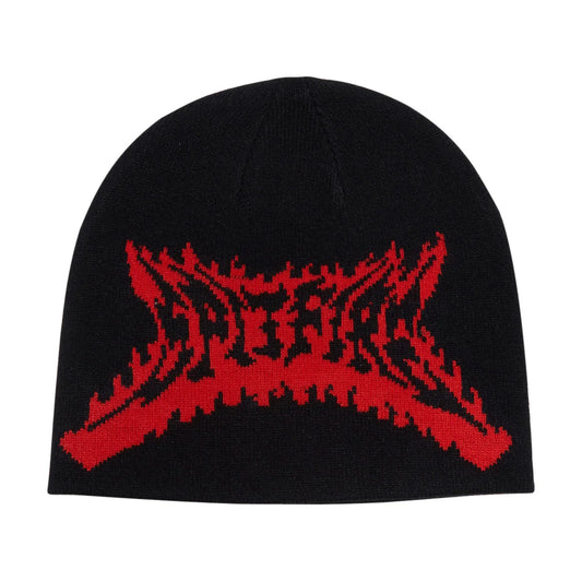 A black knit beanie featuring a large red stylized logo graphic across the front, photographed against a solid white background.
