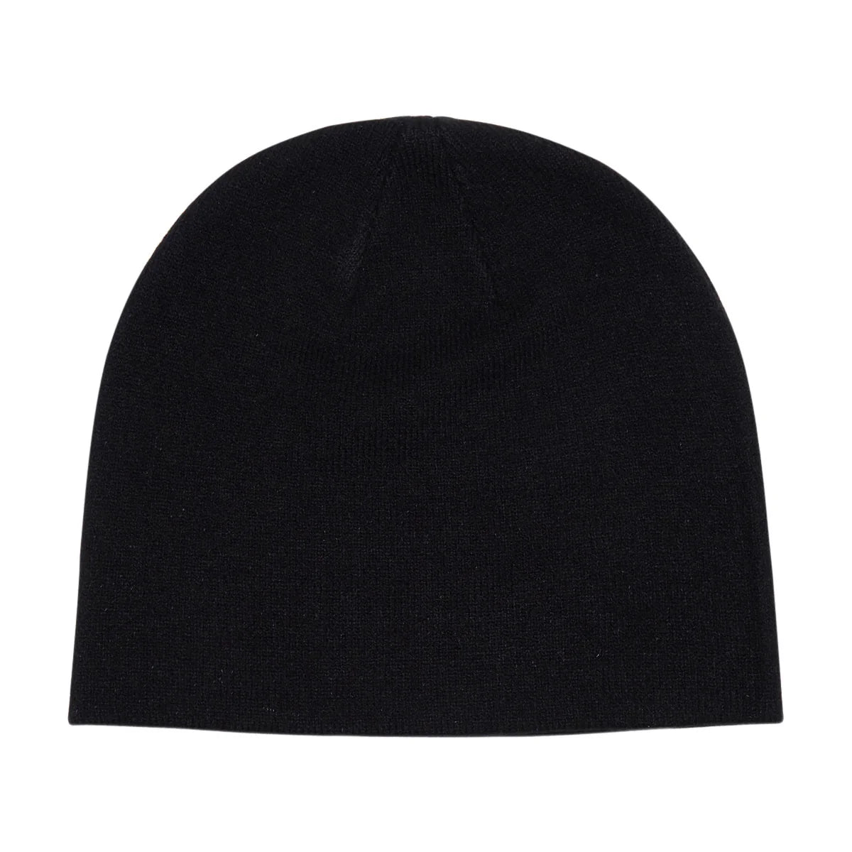 A classic black knit beanie hat shown from the front on a solid white background.