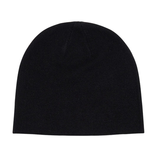 A classic black knit beanie hat shown from the front on a solid white background.