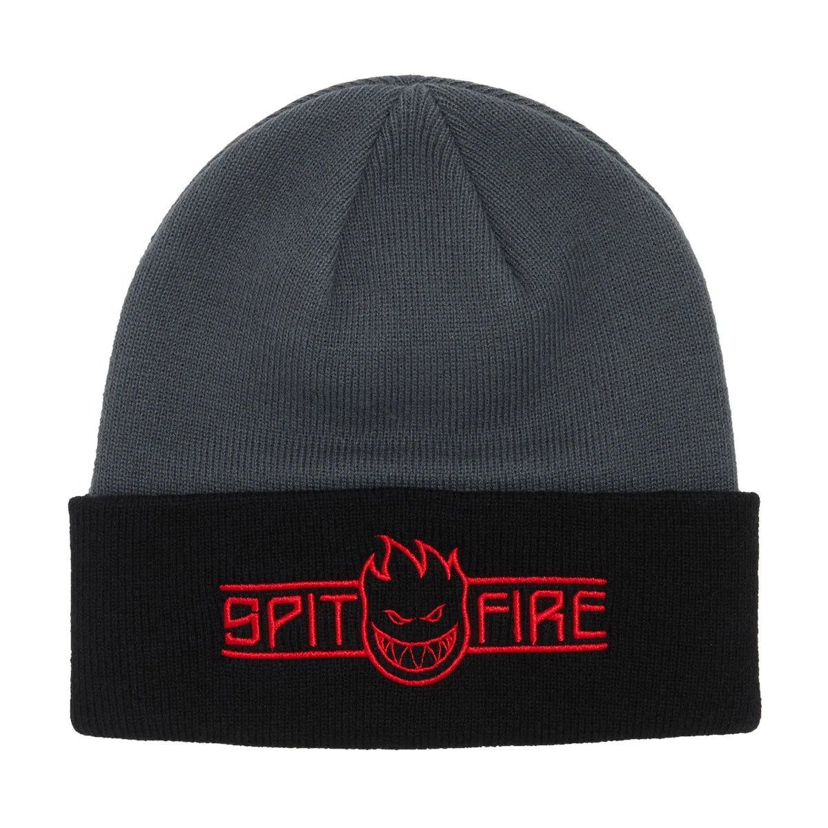 A dark gray knit beanie with a black folded cuff featuring a red embroidered 'SPIT FIRE' logo and flame-spark logo in the center.