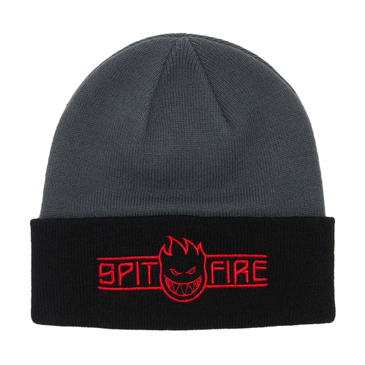 A dark gray knit beanie with a black folded cuff featuring a red embroidered 'SPIT FIRE' logo and flame-spark logo in the center.