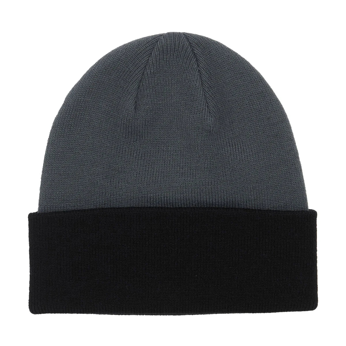 A two-tone knit beanie hat with a dark gray ribbed crown and a solid black ribbed cuff, shown against a plain white background.