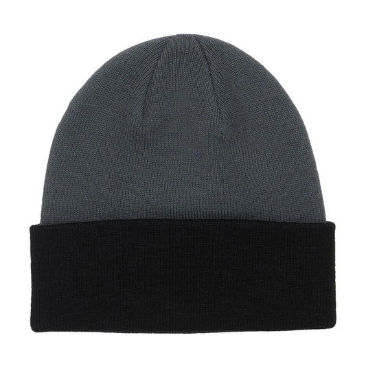 A two-tone knit beanie hat with a dark gray ribbed crown and a solid black ribbed cuff, shown against a plain white background.