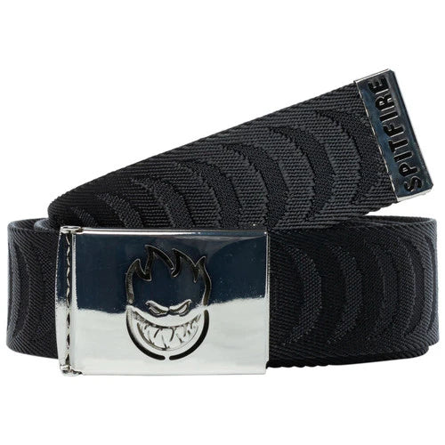 Black web belt with a silver buckle featuring a logo on a white background