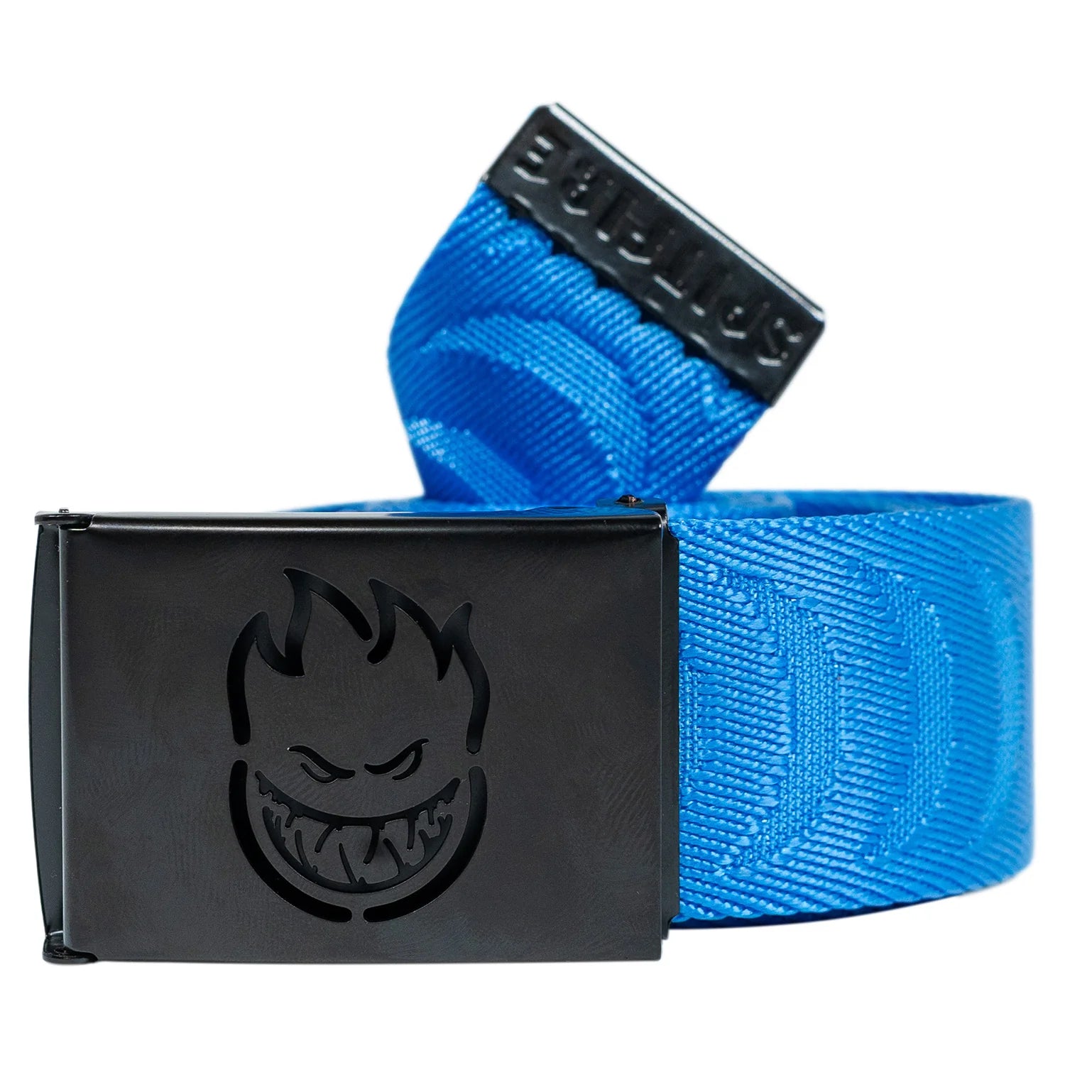 Blue web belt with black buckle featuring a graphic design on a white background