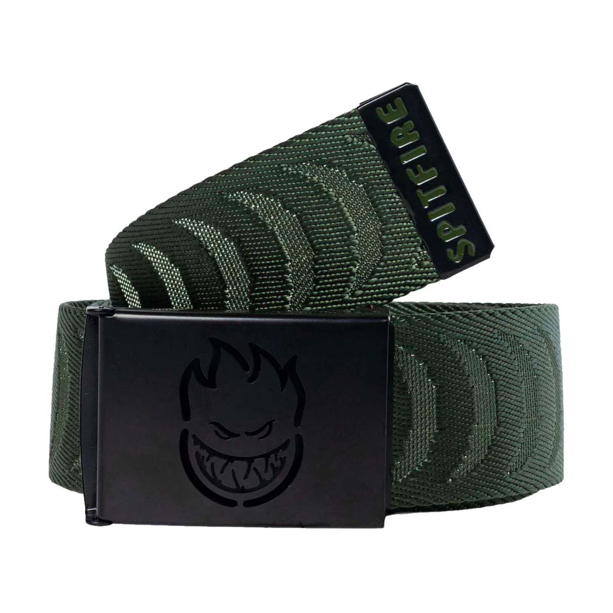 An olive green web belt with a black metal buckle featuring a flame logo, with the buckle turned to show the brand name 'SpITFIRE' on the tongue.