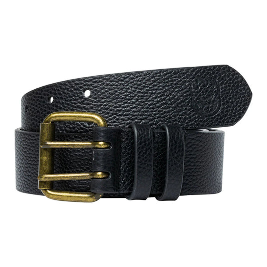 Black leather belt with a gold buckle on a white background