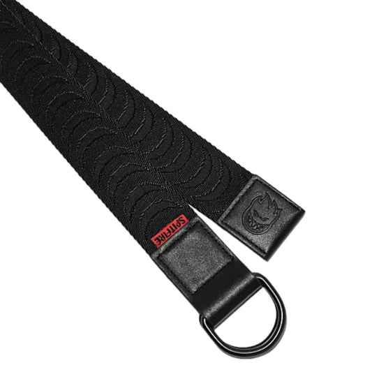 Black belt with a D-ring buckle and brand logo on a white background