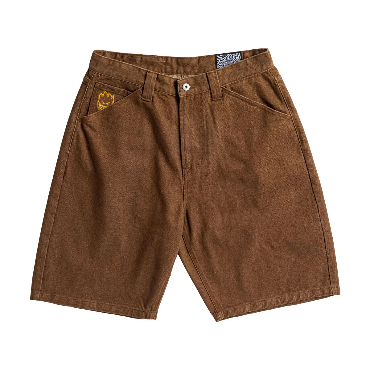 Brown shorts with a logo on the pocket against a white background