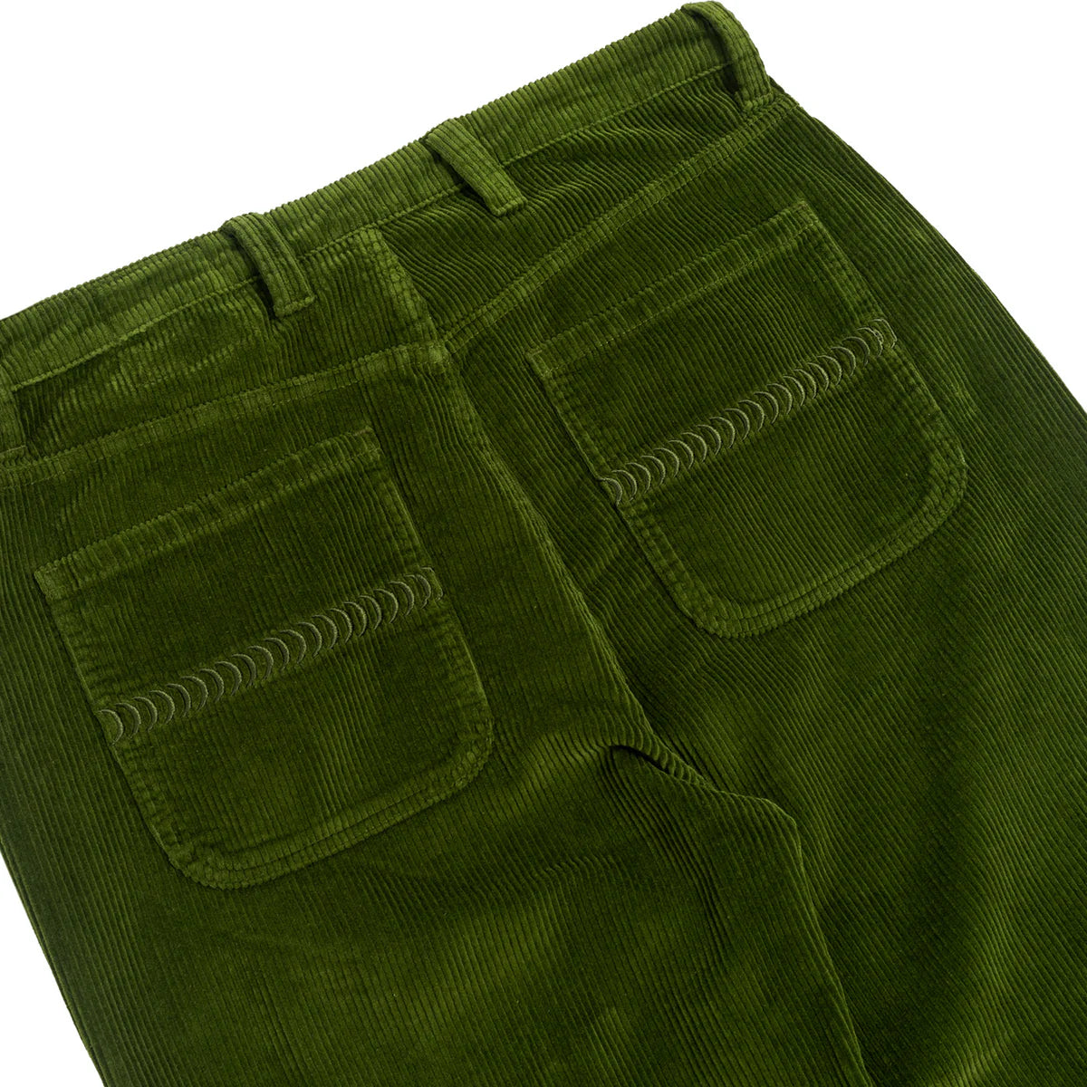 Green corduroy pants with two front pockets on a white background