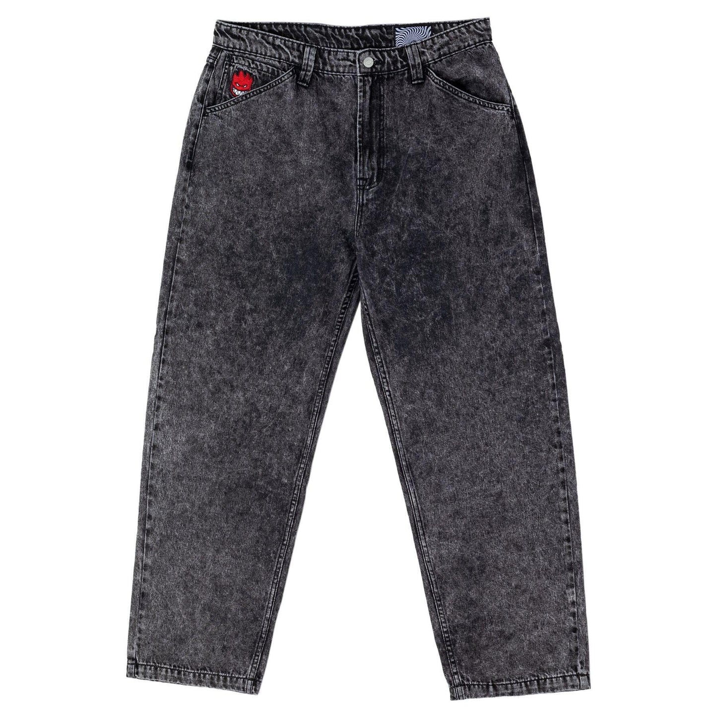 Black acid-wash jeans with a red tag on a white background