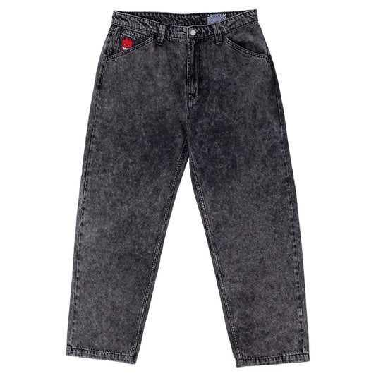 Black acid-wash jeans with a red tag on a white background
