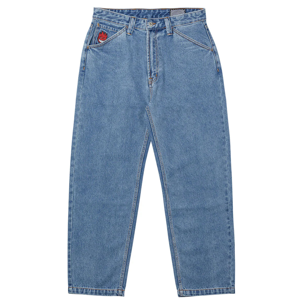 Blue jeans with a red tag on a white background