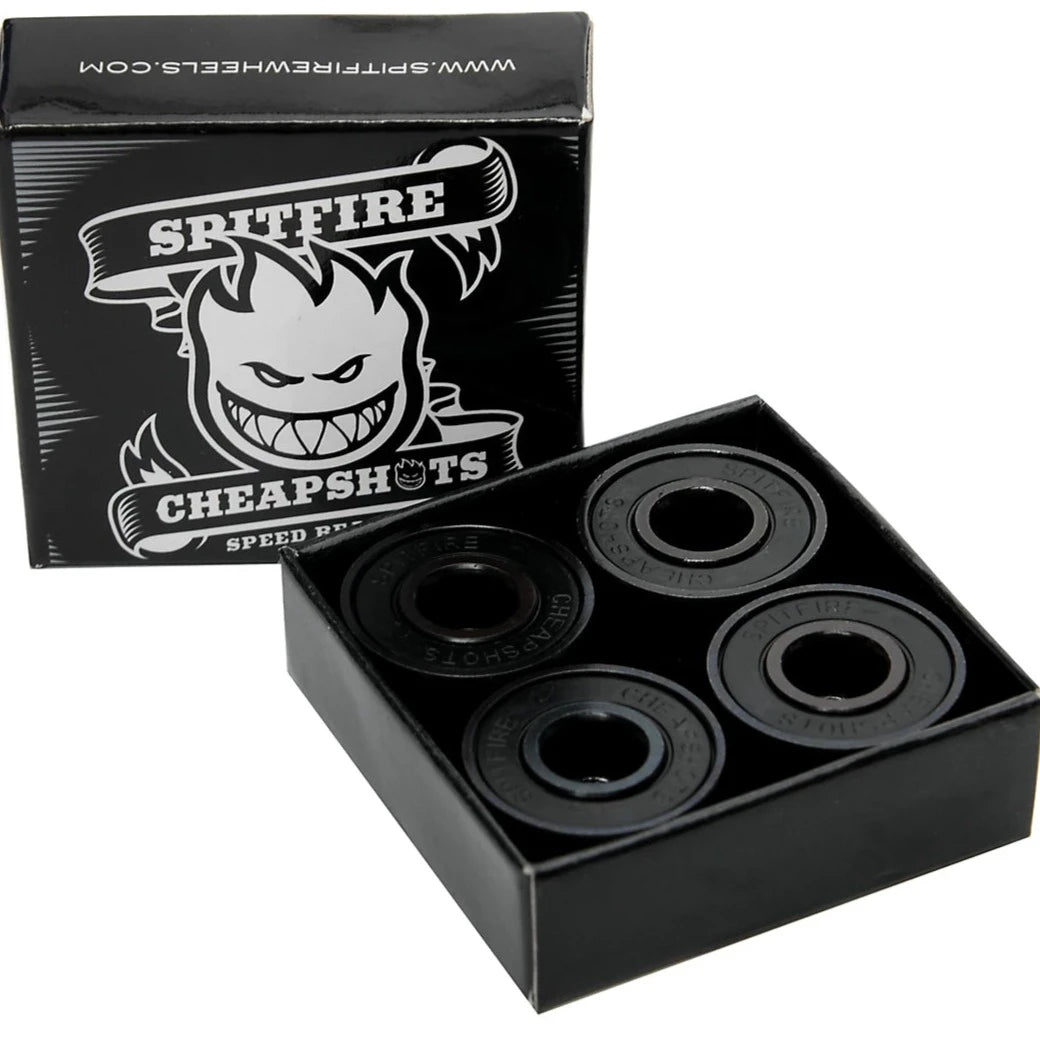 A set of Spitfire Cheapshot Bearings in a black box with the Spitfire logo on the lid. The bearings are visible inside the box.