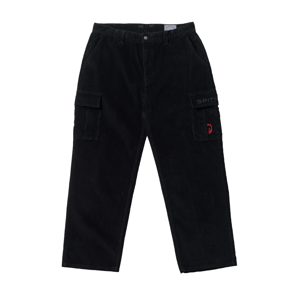 Black cargo pants with a red logo on a white background