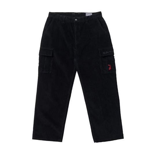 Black cargo pants with a red logo on a white background