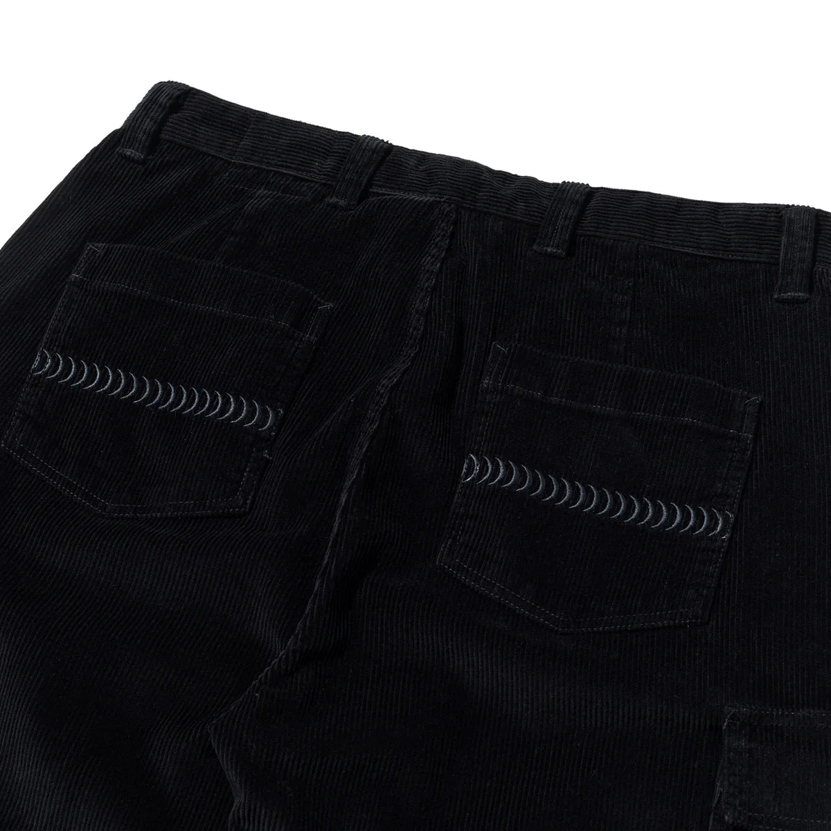 Close-up of black pants with a white background