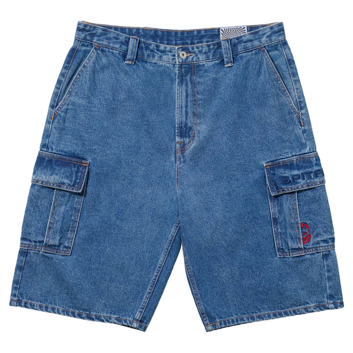 Blue denim cargo shorts on a white background