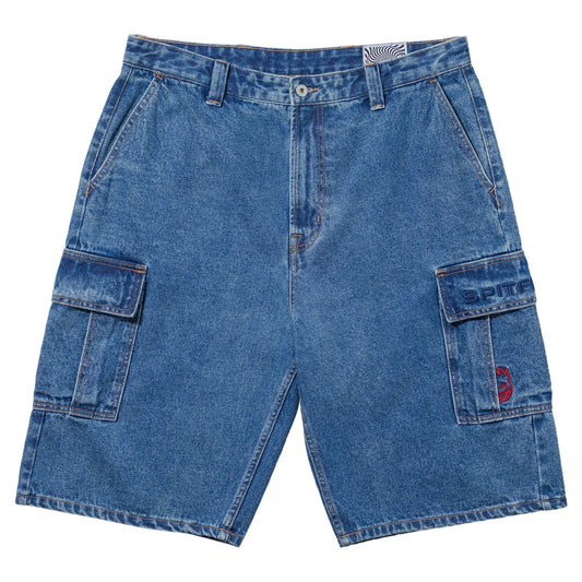 Blue denim cargo shorts on a white background