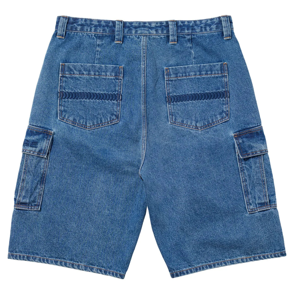 Blue denim shorts with multiple pockets on a white background