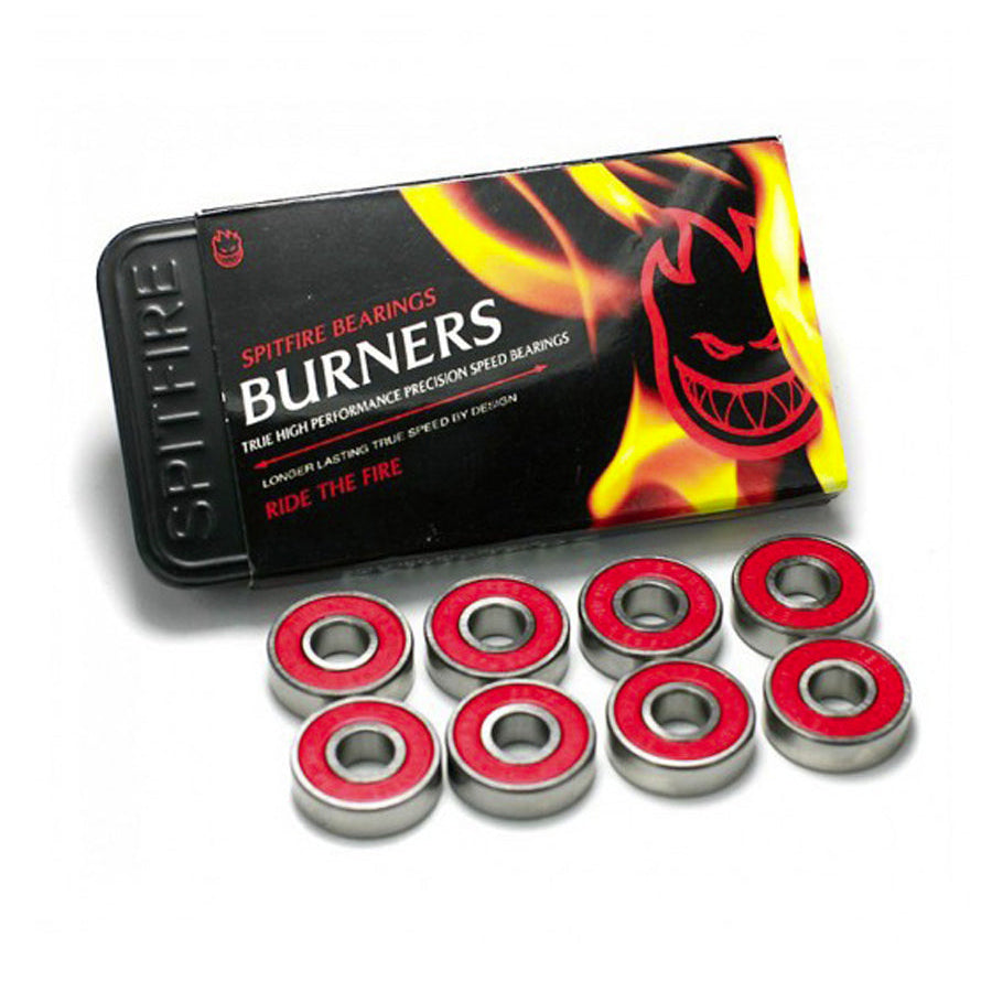 Set of red and silver bearings with a Spire Burners packaging on a white background