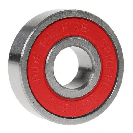 Spire fire skateboard bearing with red and silver design on a white background