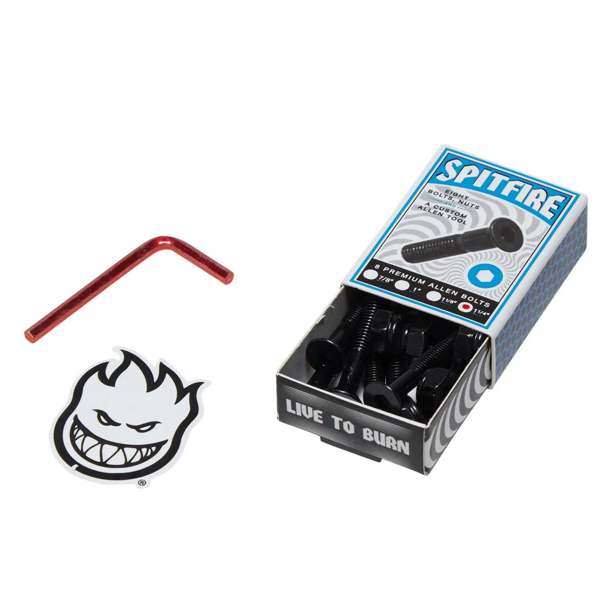 Spitfire skateboard hardware set including a red hex wrench, black screws in a branded matchbox-style package, and a Spitfire logo decal on a white background.