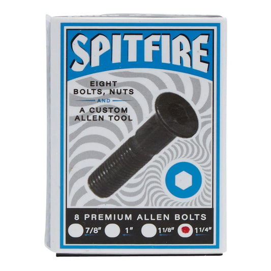 A retail box of Spitfire brand premium Allen bolts, nuts, and a custom Allen tool. The packaging features a blue and white design with a graphic of a black bolt on a gray wavy background.