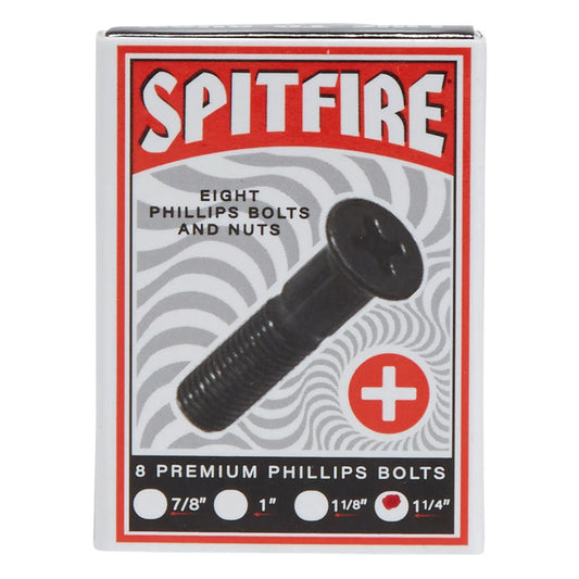 A retail box of Spitfire brand Phillips bolts and nuts, containing eight premium bolts in sizes 7/8, 1, 1 1/8, and 1 1/4 inches. The packaging features a bold red and white design with a graphic of a black bolt on a gray wavy background.