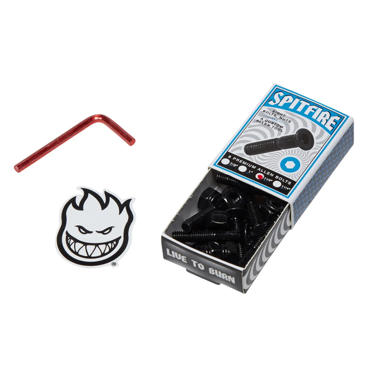 Spitfire black metal skateboard bolts in an open branded box, shown with a red hex wrench and a Spitfire flame logo sticker on a white background.