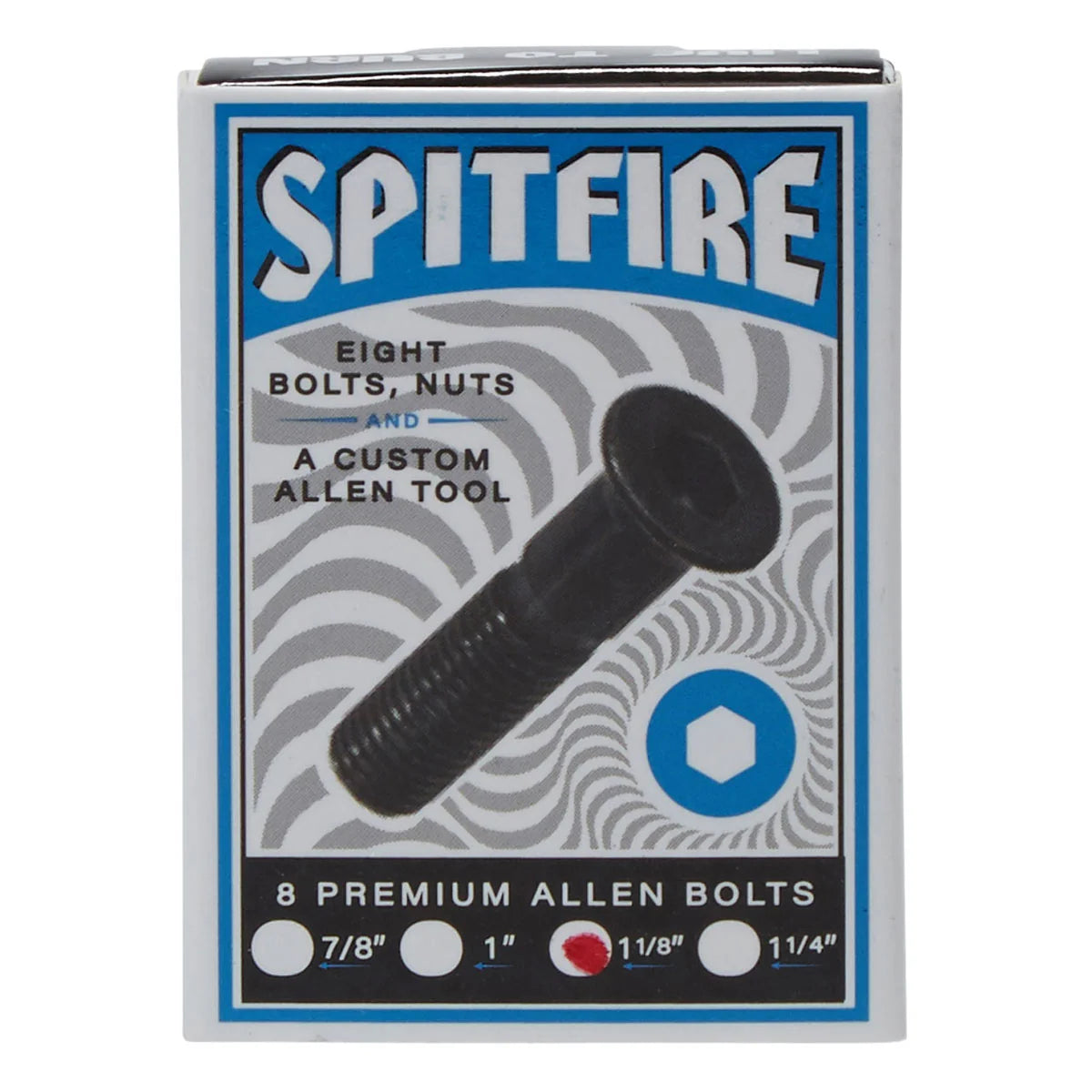 A retail box of Spitfire brand Allen bolts, nuts, and a custom Allen tool. The packaging features a blue and gray design with a prominent illustration of a black bolt.