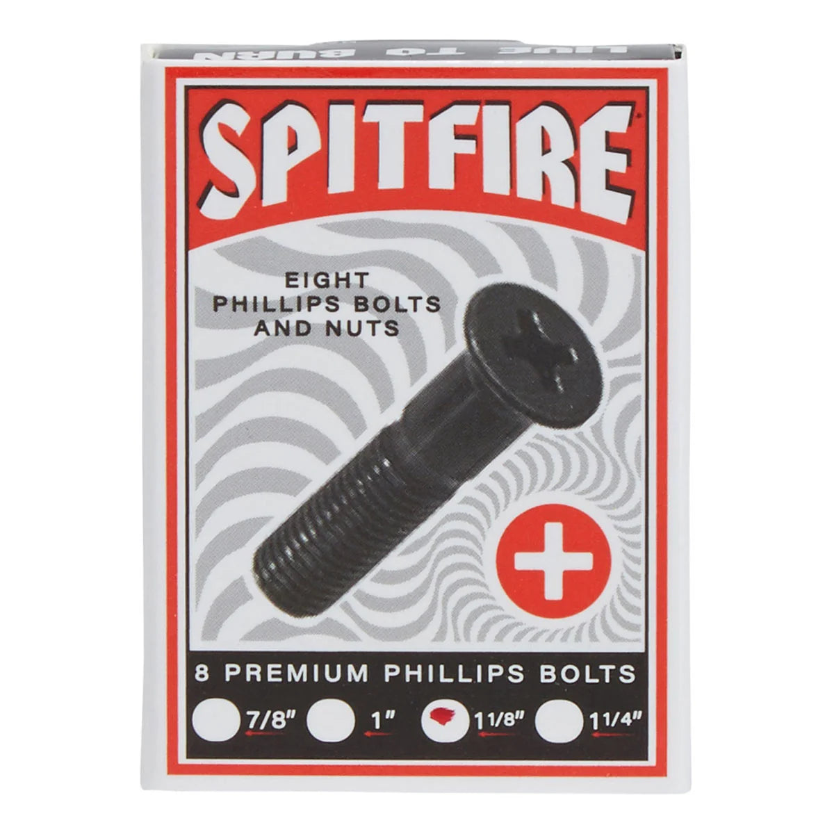 A retail box of Spitfire brand Phillips bolts and nuts, featuring a black screw bolt graphic on a white, gray, and red background. The box text reads 'SPITFIRE', 'EIGHT PHILLIPS BOLTS AND NUTS', and '8 PREMIUM PHILLIPS BOLTS' with size markings at the bottom.