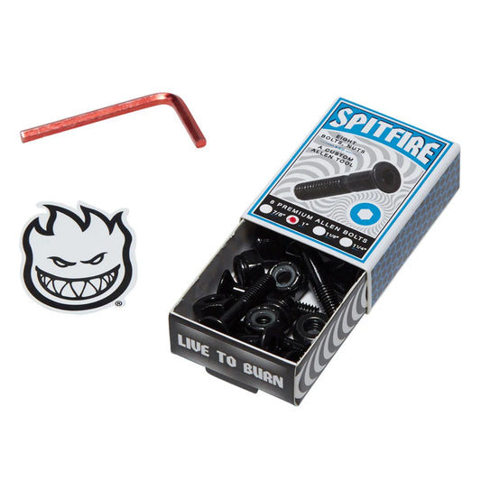 Spitfire skateboard copper washers and screws in an open matchbox-style package, with a red hex wrench and a Spitfire logo sticker on a white background.