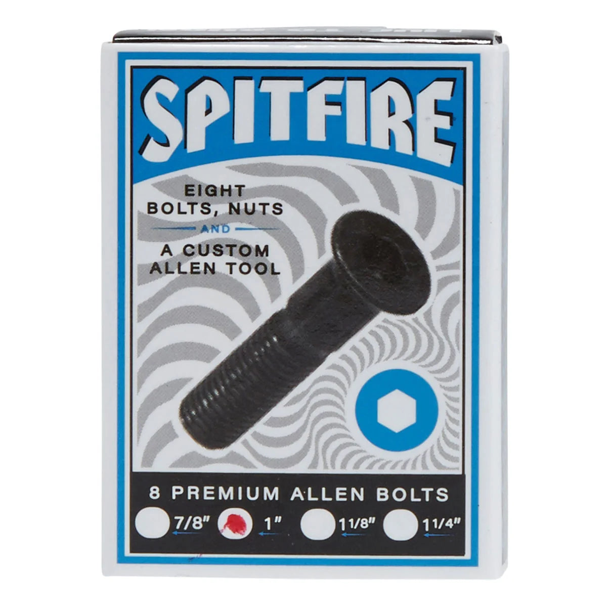 Spitfire brand packaging box containing eight premium Allen bolts and nuts with a custom allen tool, featuring a large black bolt graphic on a blue, white, and gray label.