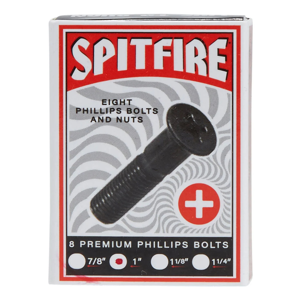 A retail box of Spitfire brand Phillips bolts and nuts, featuring a black bolt graphic on a white, gray, and red background. The box text reads 'SPITFIRE', 'EIGHT PHILLIPS BOLTS AND NUTS', and '8 PREMIUM PHILLIPS BOLTS' with size markings at the bottom.