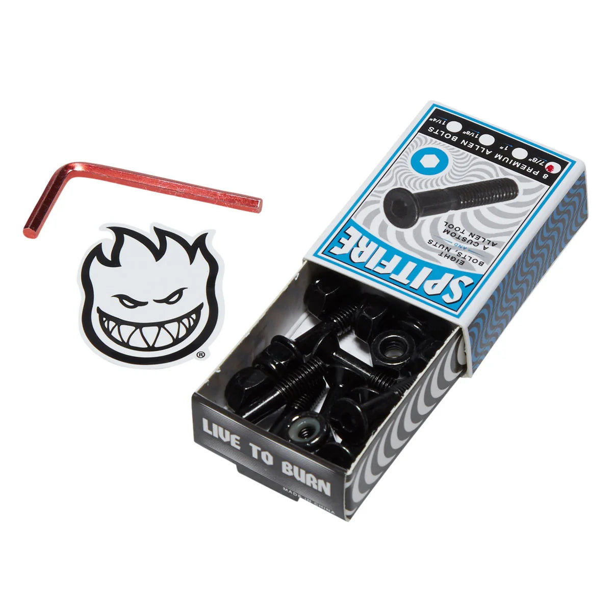 Spitfire performance alloy nuts and washers in an open branded box, shown with a red hex wrench and a Spitfire sticker on a white background.