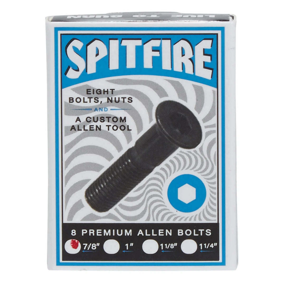 A boxed set of Spitfire brand 8 premium Allen bolts and nuts with a custom Allen tool, shown in its retail packaging against a white background.