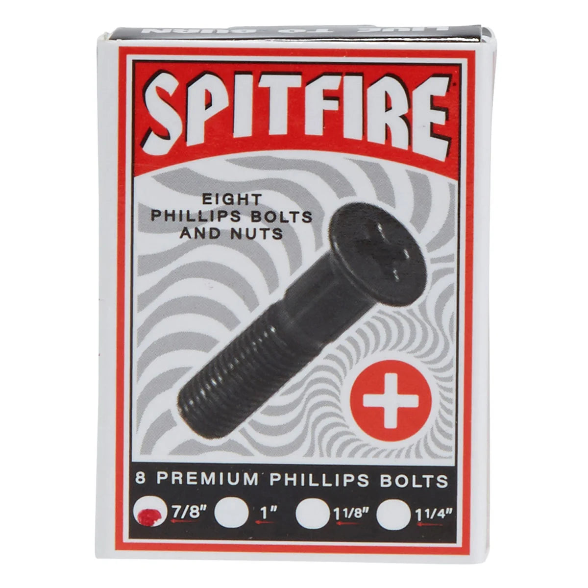 A retail box of Spitfire brand Phillips bolts and nuts, featuring a black bolt graphic and size markings for 7/8", 1", 11/8", and 1 1/4" on a white background.