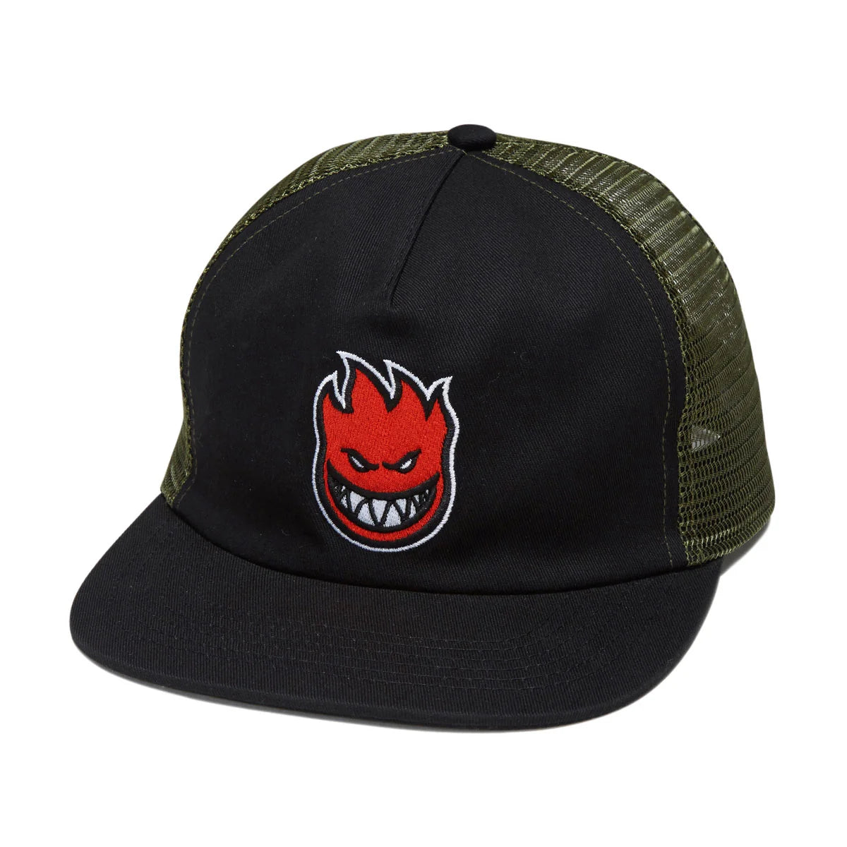 A black trucker-style cap with an olive green mesh back and a red embroidered flame logo on the front, shown against a plain white background.