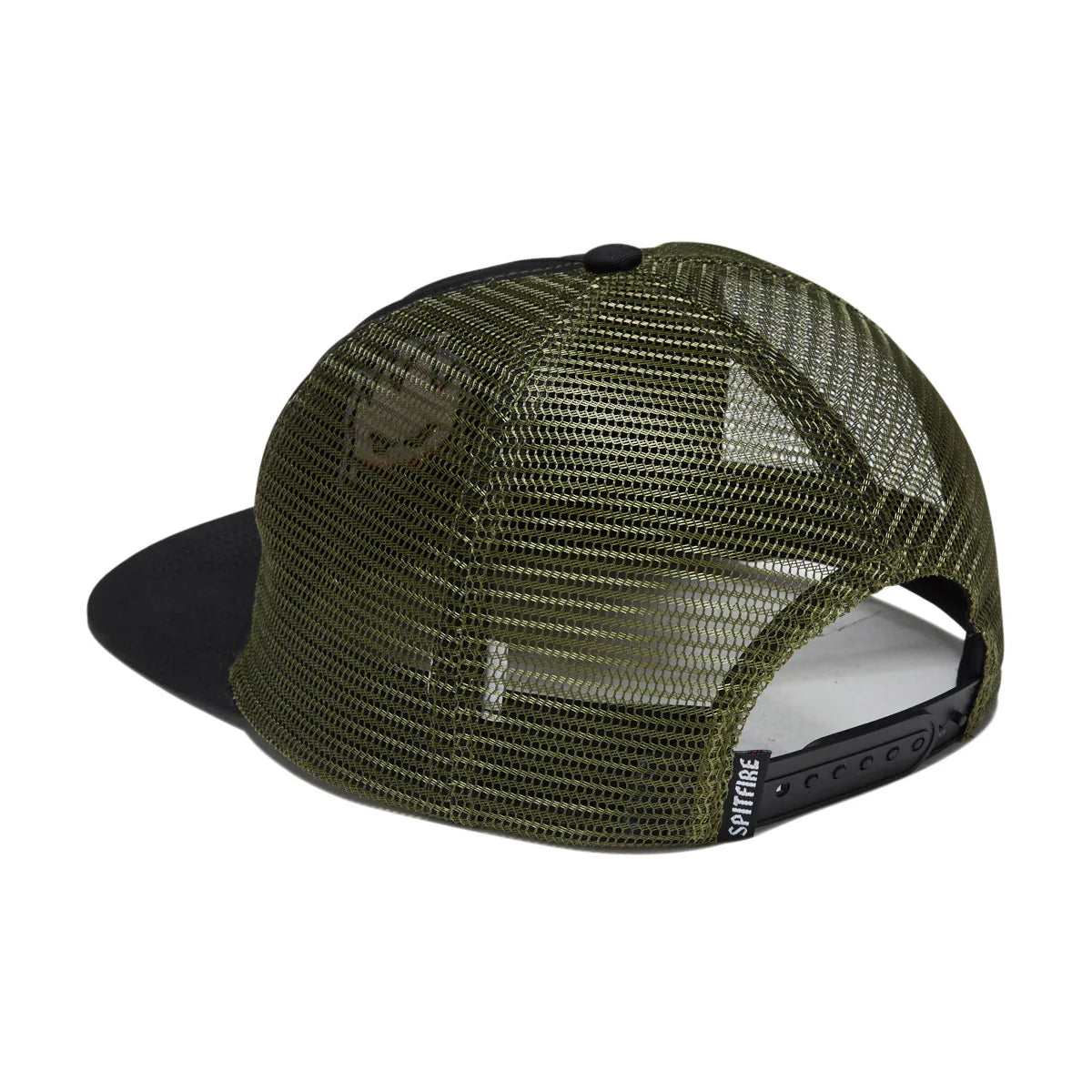 An olive green and black trucker hat shown from a rear three-quarter angle on a white background, featuring a black flat brim, black mesh back panels, and a black adjustable snap closure.